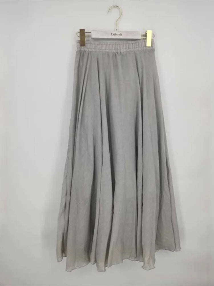 Women's Elegant High Waist Linen Maxi Skirt 2024 Summer Ladies Casual Elastic Waist 2 Layers Skirts saia feminina