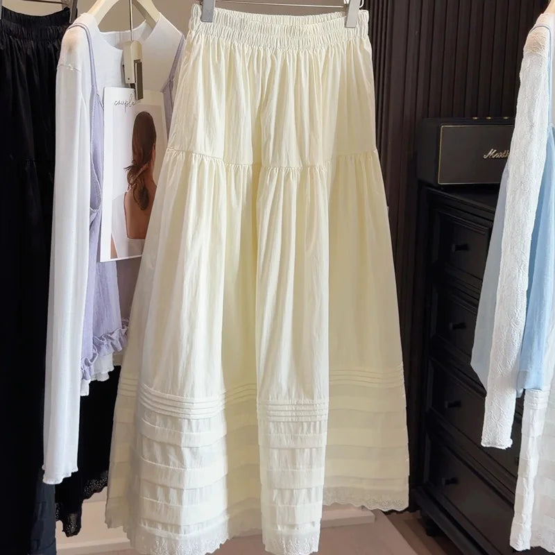 White High Waist Lace Long Skirt Female Pleated Casual Basic Summer 2026 Solid Loose Elegant Maix Skirt Women's Clothes Femme