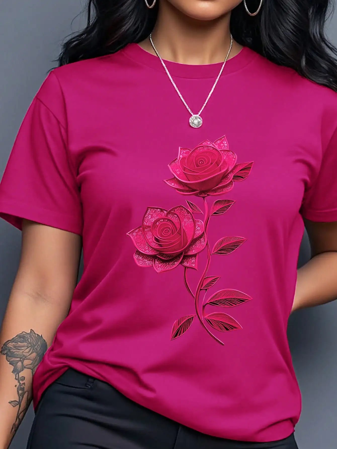 Women's Yellow T-Shirt with Gold Rose Print, Round Neck Short Sleeve Casual Top