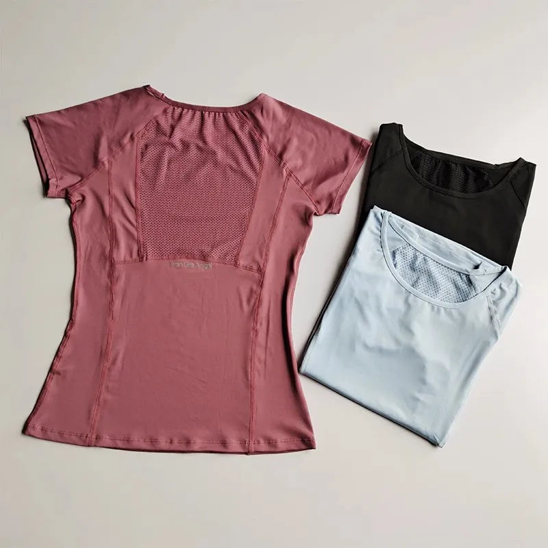 Women's sports and fitness short sleeved shirt, round neck pullover, mesh breathable quick drying yoga and fitness T-shirt