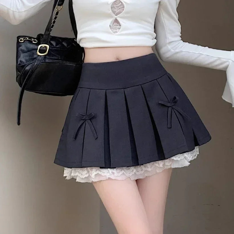 Korean Fashion Sweet High Waist College Pleated Skirt for Womenn Lace Preppy Bow Skirt Female A-line Pleated Skirt Y2k