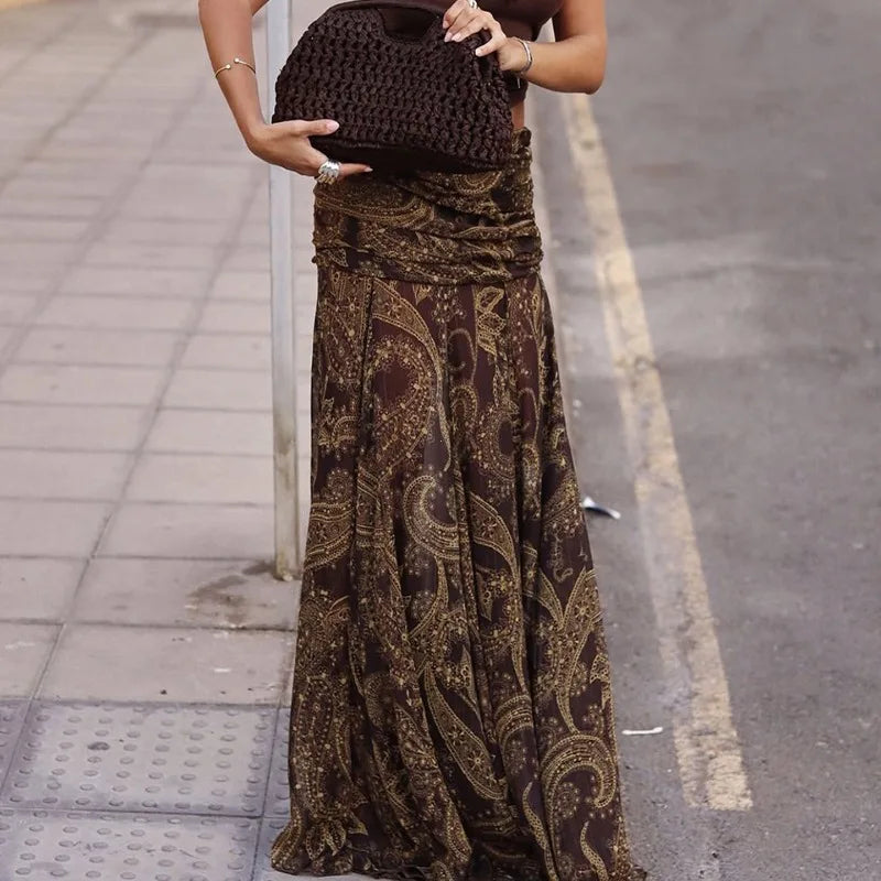Irregular Printed Big Swing Long Skirts for Women High Waist Buttock Cover A-Line Maxi Skirt Female Vintage Bottom Clothes