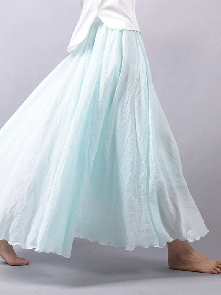Women's Elegant High Waist Linen Maxi Skirt 2024 Summer Ladies Casual Elastic Waist 2 Layers Skirts saia feminina
