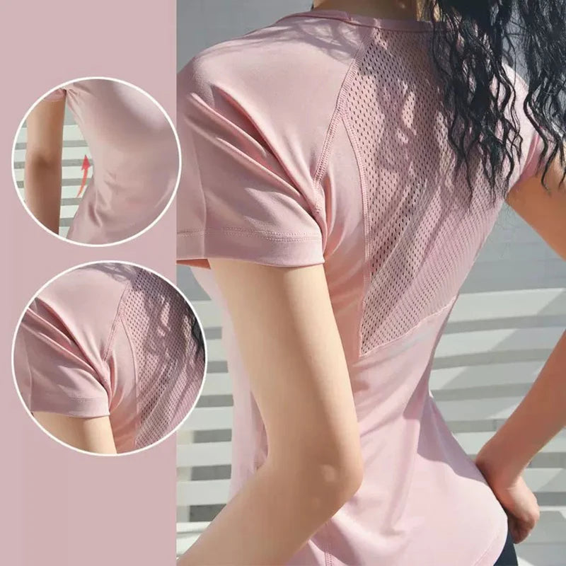 Women's sports and fitness short sleeved shirt, round neck pullover, mesh breathable quick drying yoga and fitness T-shirt