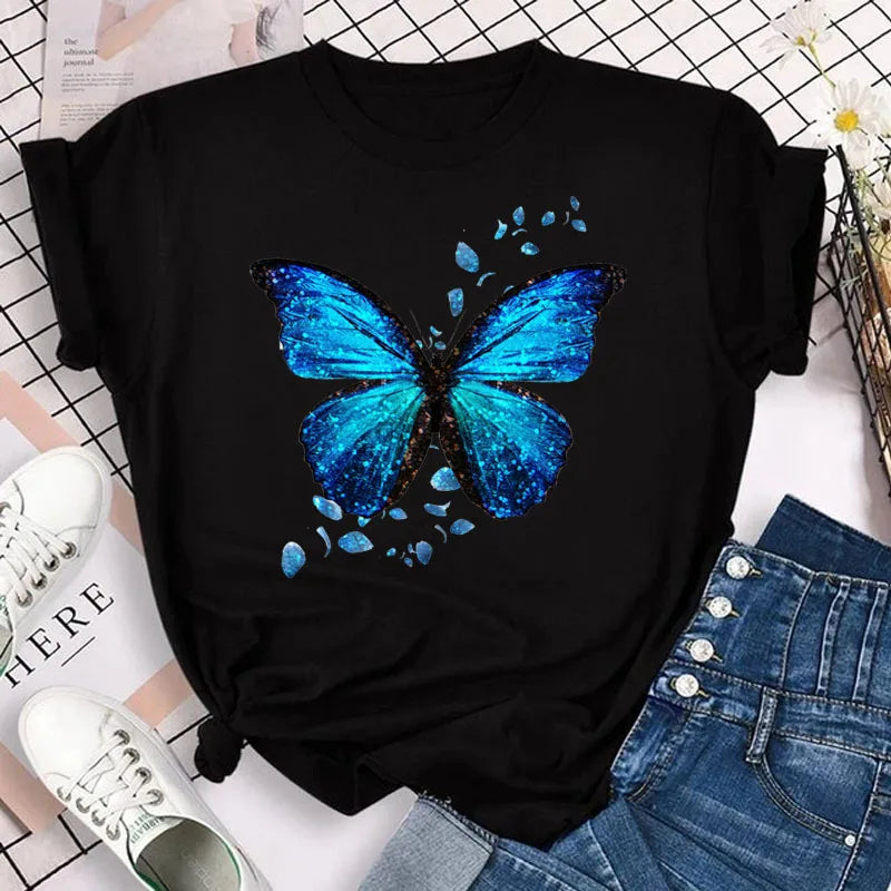 Blue Butterfly Floral Printed T-Shirt