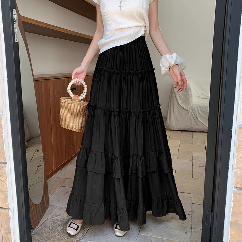 White Tiered Ruffle Hem Skirt 2025 - High Waist Flowy A-Line Maxi Skirt, Summer Chiffon Layered Skirt with Pleats