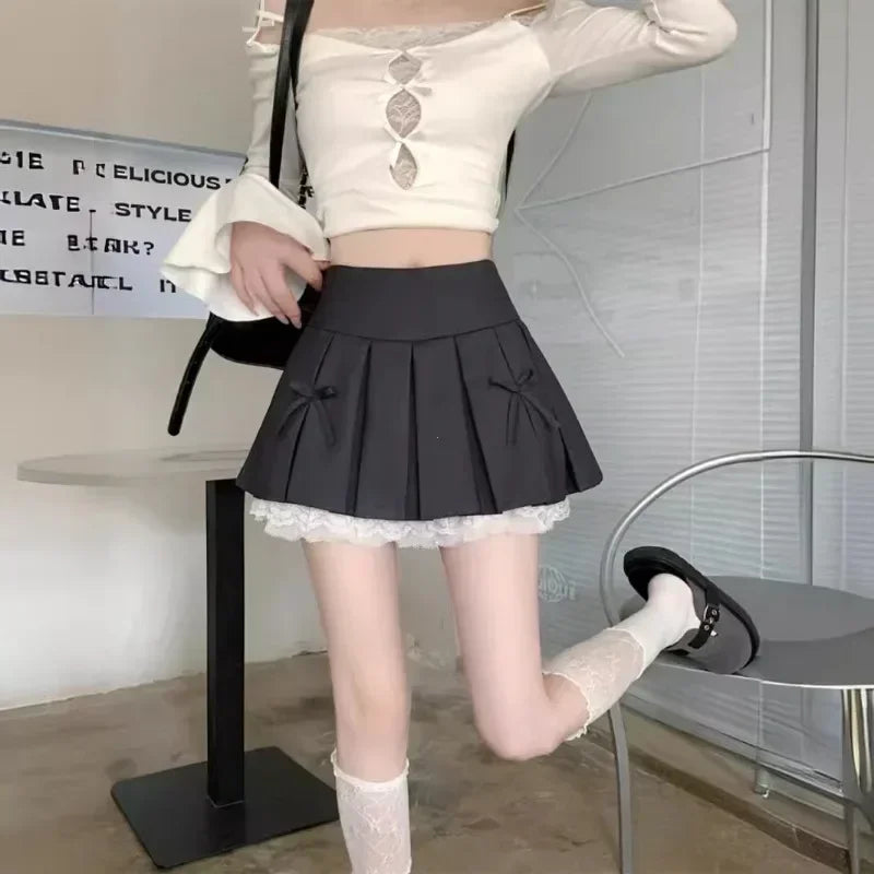Korean Fashion Sweet High Waist College Pleated Skirt for Womenn Lace Preppy Bow Skirt Female A-line Pleated Skirt Y2k