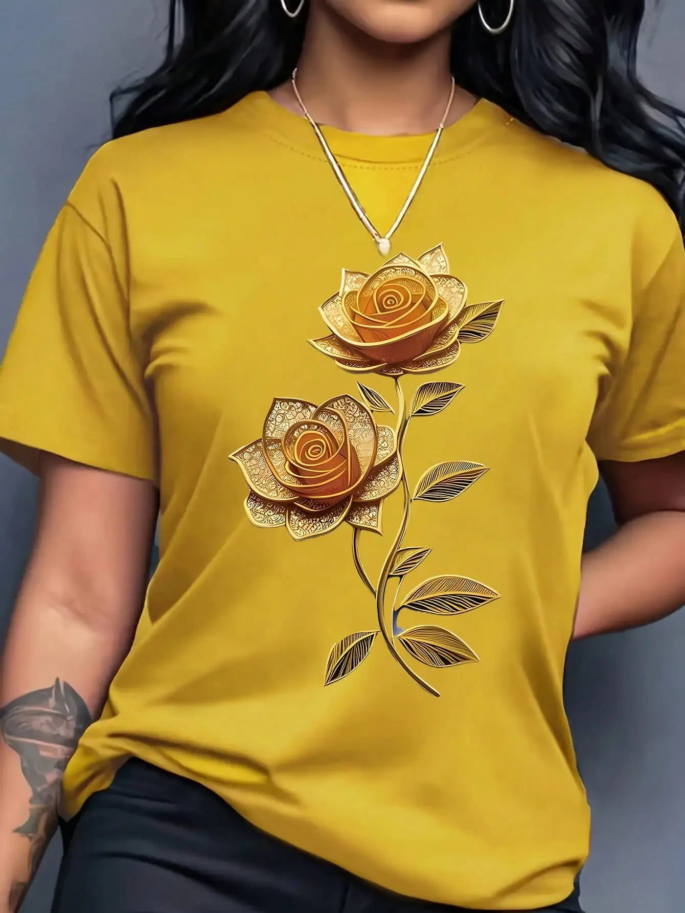 Yellow T-Shirt with Gold Rose Print