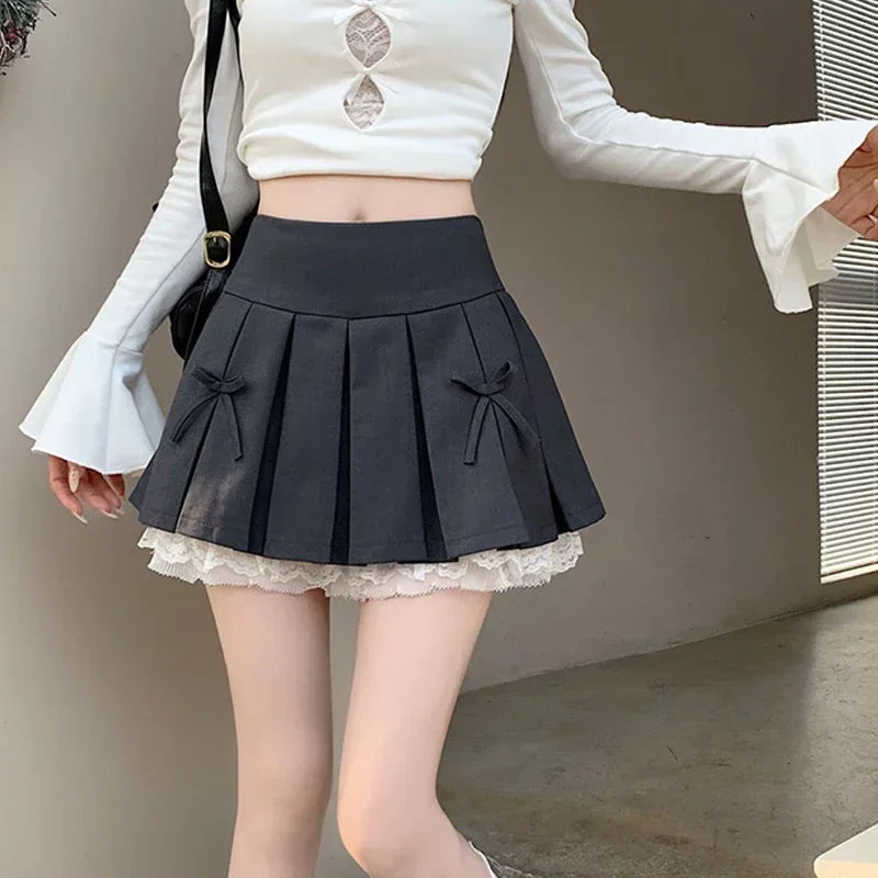 Korean Fashion Sweet High Waist College Pleated Skirt for Womenn Lace Preppy Bow Skirt Female A-line Pleated Skirt Y2k