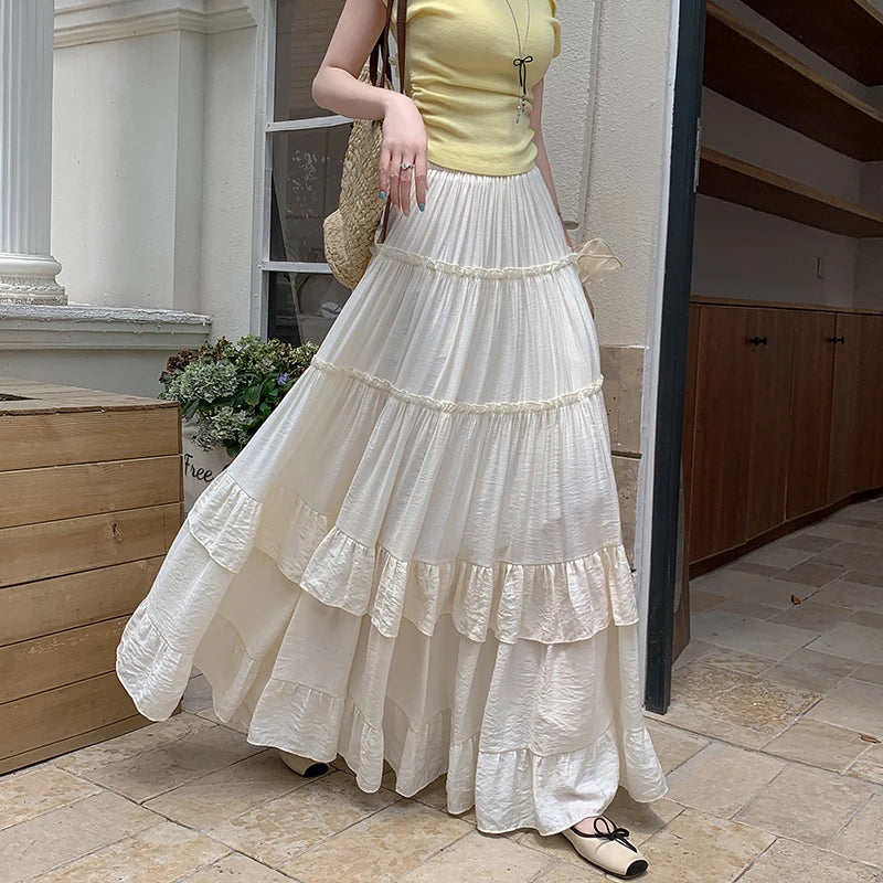White Tiered Ruffle Hem Skirt 2025 - High Waist Flowy A-Line Maxi Skirt, Summer Chiffon Layered Skirt with Pleats