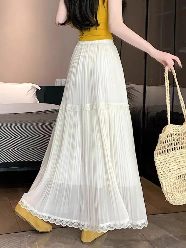 Summer High Waist Chiffon Pleated Skirt - Stretchy A-Line Flowy Midi Skirt with Lace Trim, Slimming Casual Long Skirt for Women